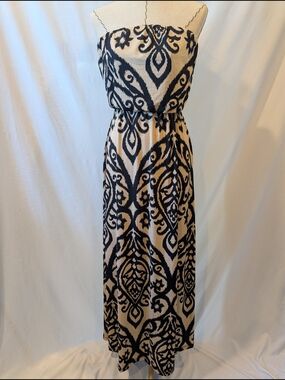 Cezanne Strapless Maxi Dress Black Tan Ikat Damask Print Elastic Waist Jersey